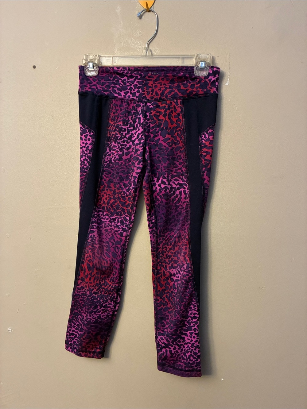 Athletic Works Purple and Pink Leopard Capris with Black Side Panels